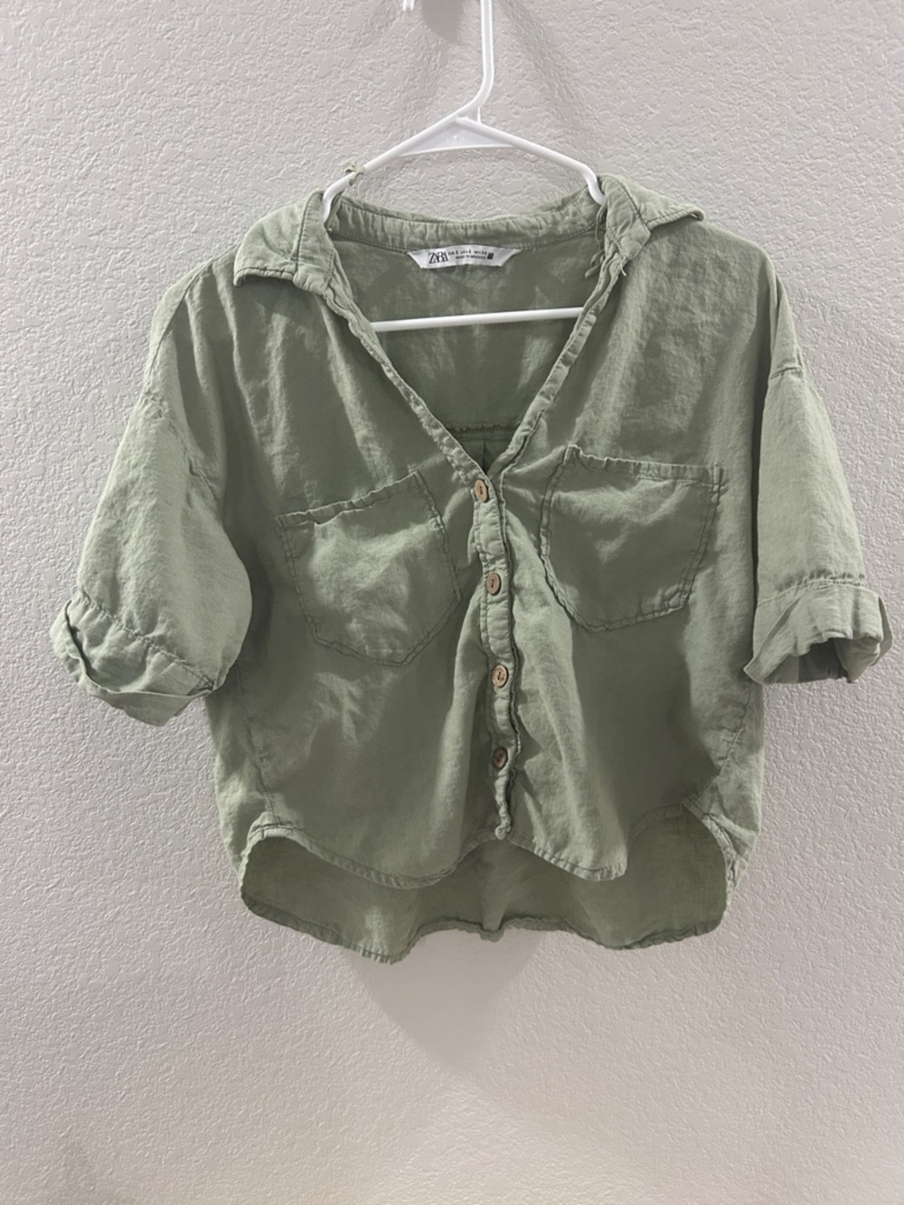 Zara Olive Green Cropped Linen Blend Button Shirt